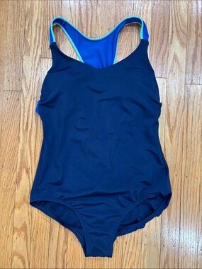 Lands' End Navy One-Piece Swimsuit with Aqua Trim